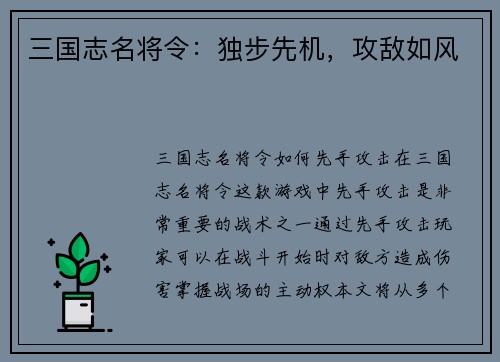 三国志名将令：独步先机，攻敌如风